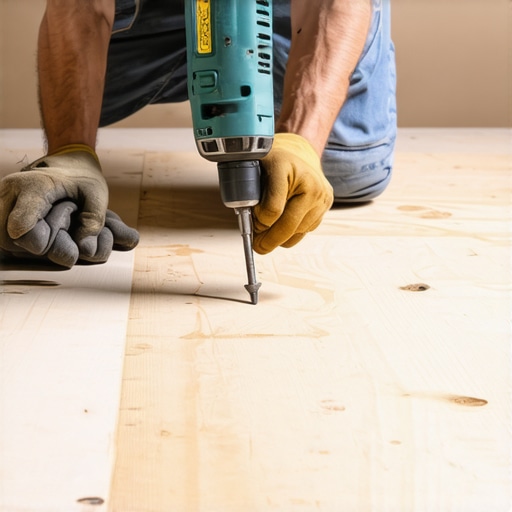 A person using a drill to fasten screws into plywood subfloor during flooring installation.