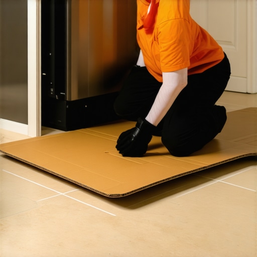 Person moving heavy appliance on cardboard sliders over tile flooring with protective gear
