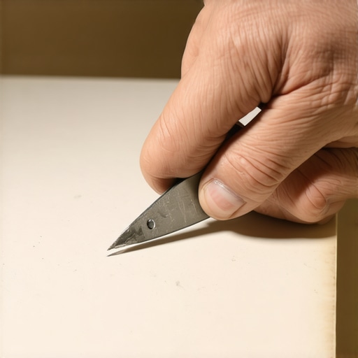 A hand gently filing a tile edge with a diamond tool to soften sharp corners.