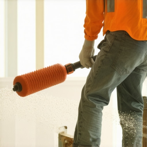 Worker using a spiked roller on poured self-leveling compound to ensure smooth, bubble-free surface