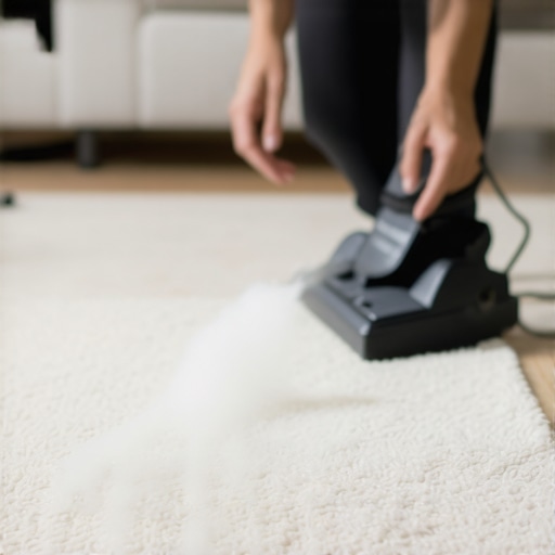 Person steaming carpet with a towel to remove a divot.