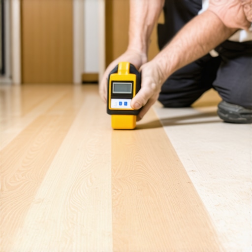 Tools for Effective Flooring Maintenance A technician measuring moisture levels and checking floor levelness with advanced tools