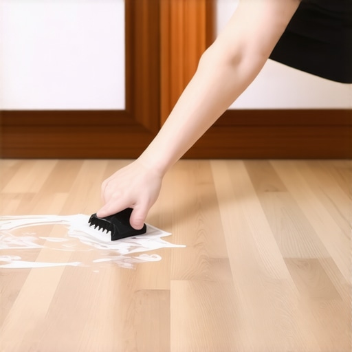 Using Hair Conditioner to Remove Floor Adhesive Person gently scrapes stubborn glue off hardwood floor with plastic scraper after applying conditioner