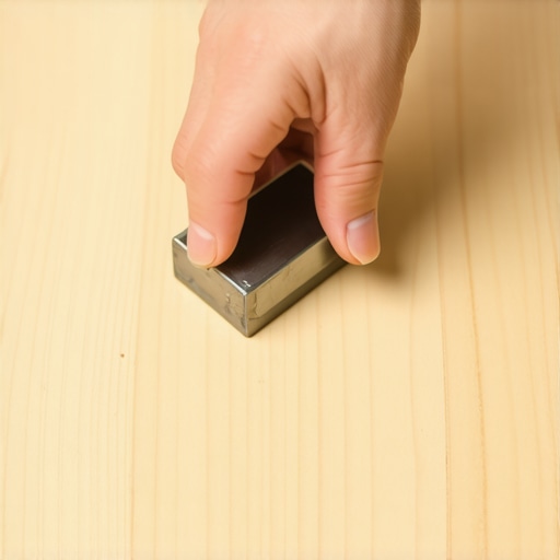 Hand sweeping a powerful magnet over a wooden floor to find concealed screws.