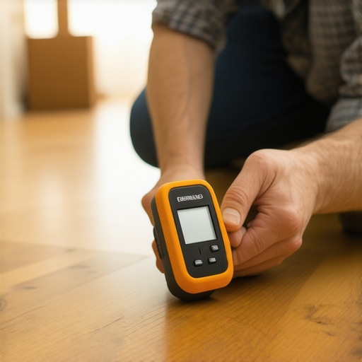 Close-up of a hand holding a digital moisture meter testing hardwood flooring for moisture levels