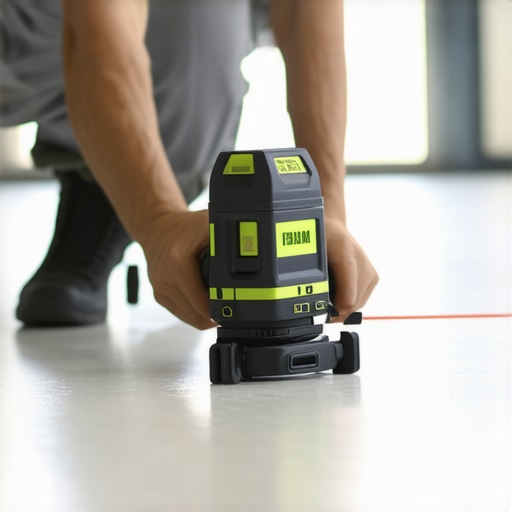 Using a laser level for floor precision A handyman using a laser level to check the flatness of a wooden floor.