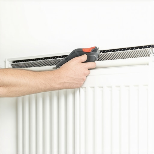 Person's hand gently prying under a radiator with a putty knife to remove dust and debris