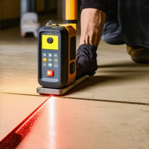 Advanced Floor Leveling Techniques in Action Professional using laser level and moisture meter on concrete floor