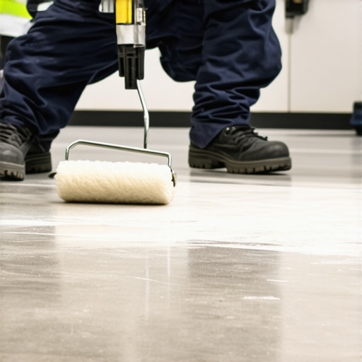 Person in work gloves applying primer on concrete surface with roller