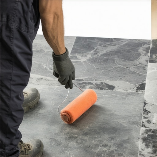 Person using roller to seal textured slate floor
