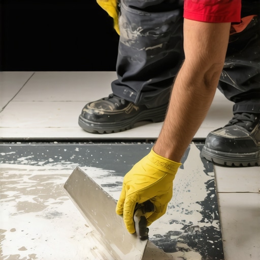 Tiler smoothing self-leveling compound on a concrete floor with a trowel