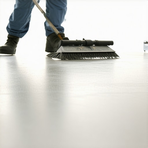A worker expertly spreads leveling compound on a subfloor to ensure perfect flatness.
