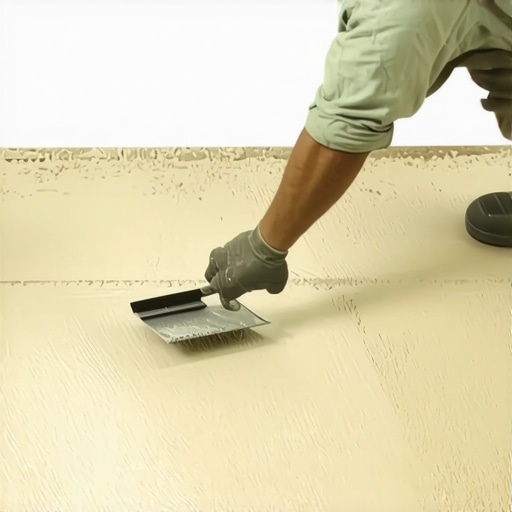 A worker smoothly spreading leveling compound on the floor with a trowel.