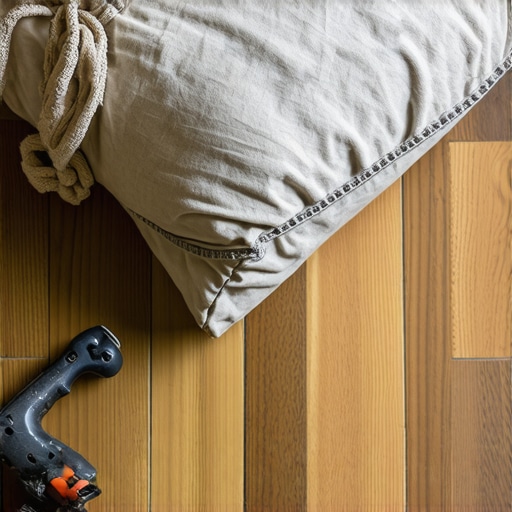 Heavy sandbag wrapped in cloth placed on hardwood floor during repair process