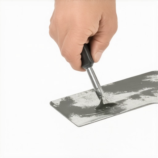 Person spreading adhesive with a notched trowel in preparation for tile laying.
