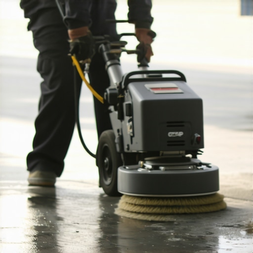 A professional polishing a concrete floor with a buffer and pads