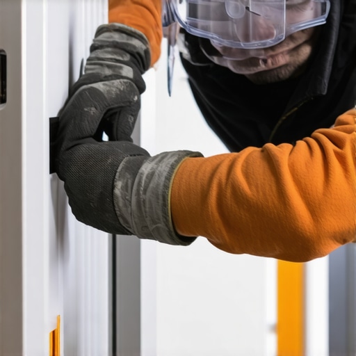 Person cutting metal door jamb with hacksaw during flooring project.