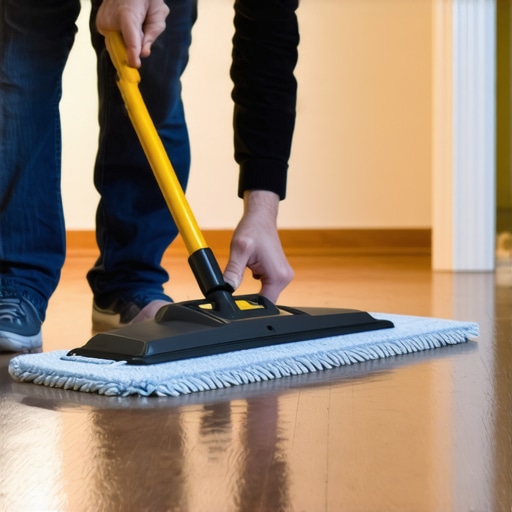 Person using microfiber mop and laser level to care for hardwood and tile floors.