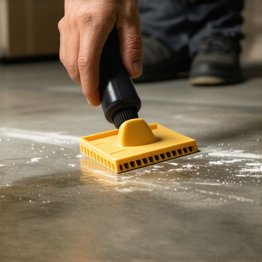 Hand using a plastic scraper and hairdryer to soften and remove carpet glue from concrete floor