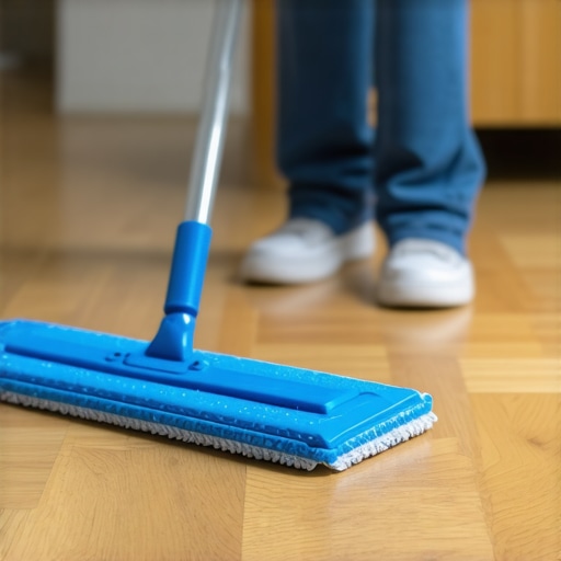 Person cleaning hardwood floor with microfiber mop and cleaner