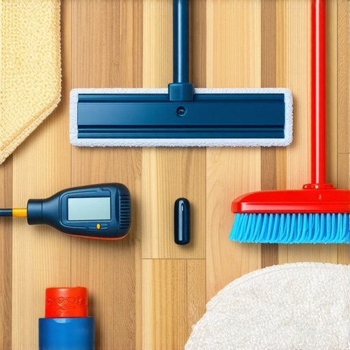 Essential Flooring Maintenance Tools A set of professional tools for maintaining hardwood and tile floors, including a microfiber mop, moisture meter, and rotary brush.