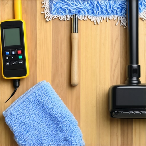 Collection of tools for hardwood and tile floor maintenance including moisture meter, mop, mallet, and polisher.