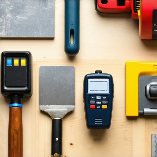 Essential Tools for Hardwood and Tile Flooring Upkeep Set of professional flooring tools including moisture meter, sander, trowel, and tile cutter