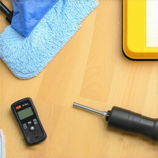Essential flooring maintenance tools A set of high-quality tools used for flooring maintenance including moisture meter, microfiber mop, and buffer