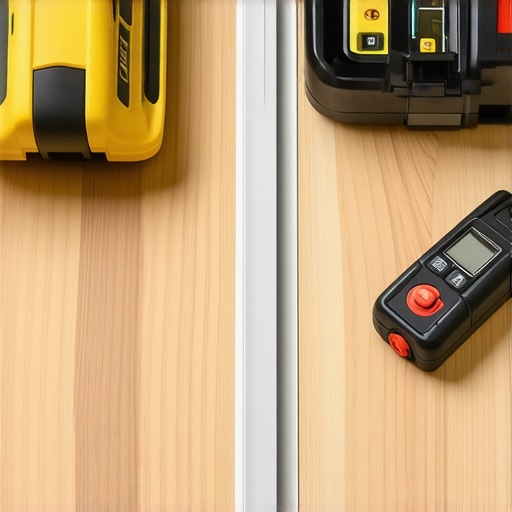 A moisture meter and laser level measuring hardwood and tile flooring