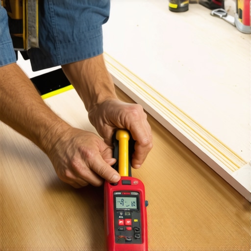 Professional technician measuring subfloor moisture and flatness with advanced tools during flooring installation