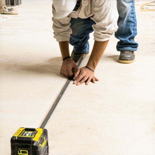 Expert flooring installation with laser leveling Professional installer using laser level to ensure flatness of large-format tiles during flooring installation