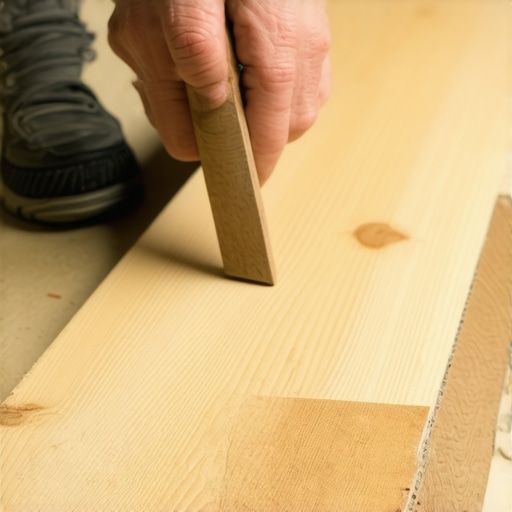 Fitting a new hardwood plank A person installing a matching hardwood plank into a wooden floor, focusing on precise fitting and alignment.