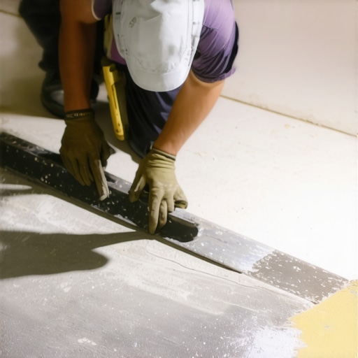 Technician applying leveling compound with straightedge on subfloor