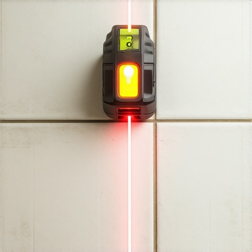 Close-up of laser level measuring flatness of subfloor during installation.