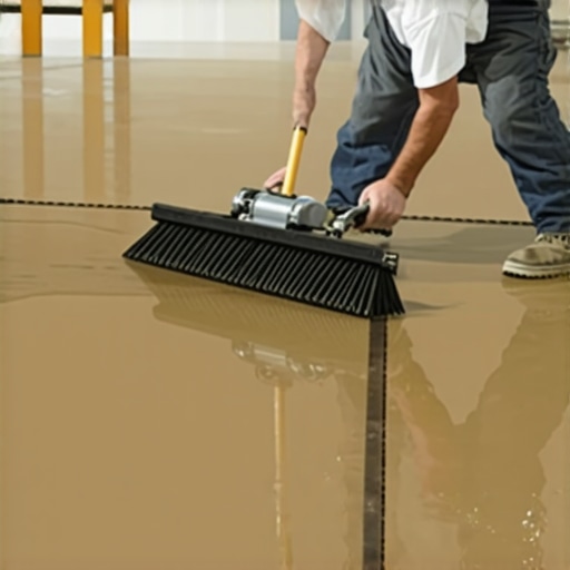 Professional spreading leveling compound on a concrete floor