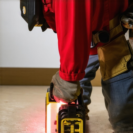 Technician checking floor levelness with laser level in a home renovation
