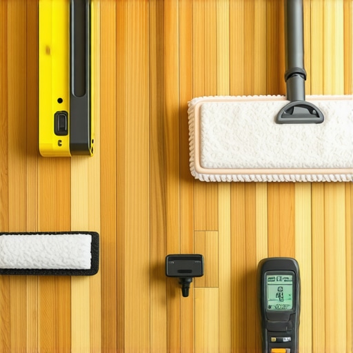 Tools for maintaining and inspecting hardwood and tile floors neatly arranged in a workshop setting.