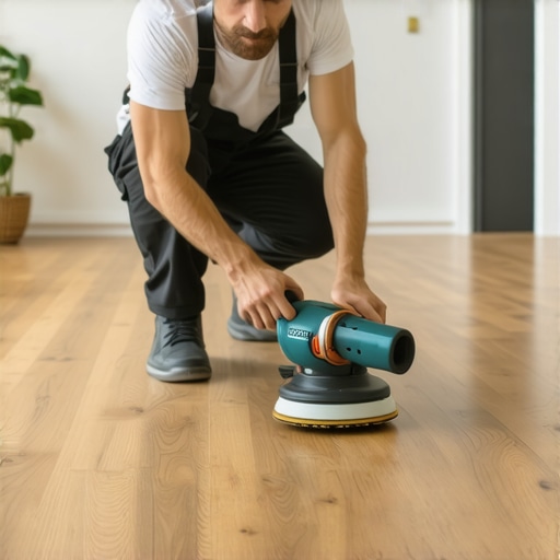 Flooring Maintenance Tools in Action Technician measuring floor moisture and sanding hardwood surface with professional tools