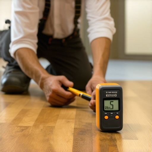 A technician measuring moisture content on hardwood flooring with a digital moisture meter