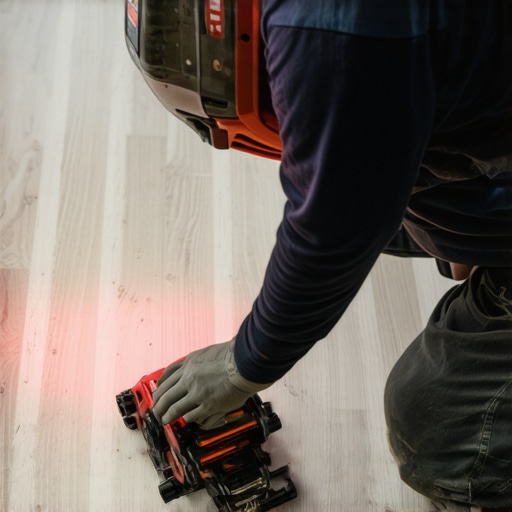 Flooring tools in use: Multi-tool and laser level Close-up of multi-tool and laser level used for leveling and maintenance of floors