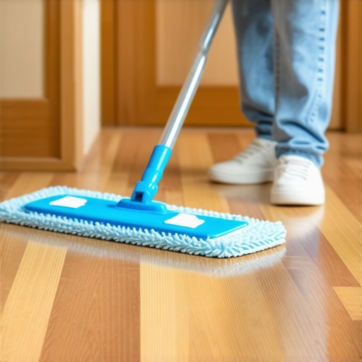 Hardwood Floor Cleaning Tools Person cleaning hardwood floor with microfiber mop and natural cleaning solution