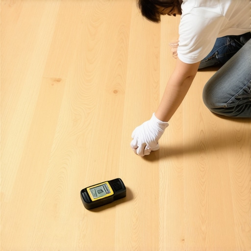 A worker measuring and leveling hardwood planks during floor installation with tools and moisture testing device.
