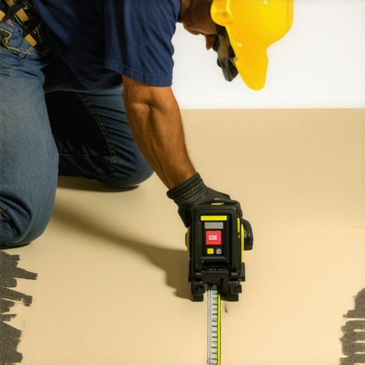 Technician using a laser level to check the flatness of a wooden subfloor.