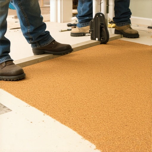 Person cutting cork sheets on a work surface during floor renovation