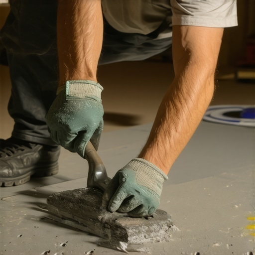 A worker spreading leveling compound on a wooden subfloor using a trowel.