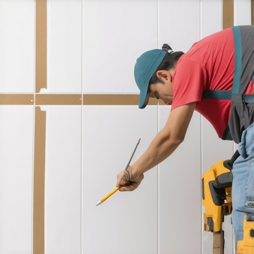 Person marking the back of a tile with a pencil to guide alignment during tile installation