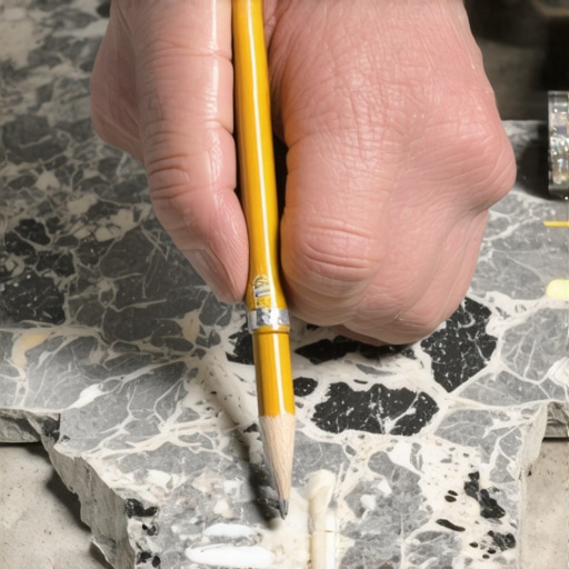 Hand marking a stone surface with a soapstone pencil for precise flooring cut