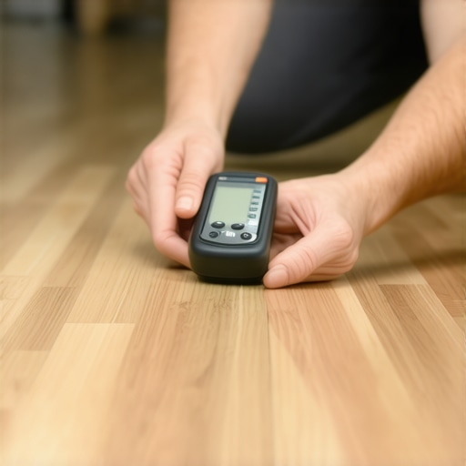Moisture Meter in Use on Hardwood Floor Person checking moisture levels in hardwood flooring with a digital moisture meter