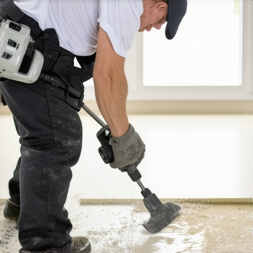 Close-up of a drill mixing self-leveler in a bucket for flooring installation.