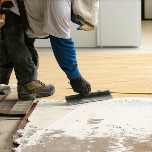 Pouring Self-Leveling Compound on Plywood Professional pouring self-leveling compound over plywood with a trowel to ensure a smooth surface.